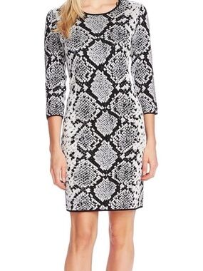 Vince Camuto Black and White Snake-Print Long Sleeve Sheath Dress